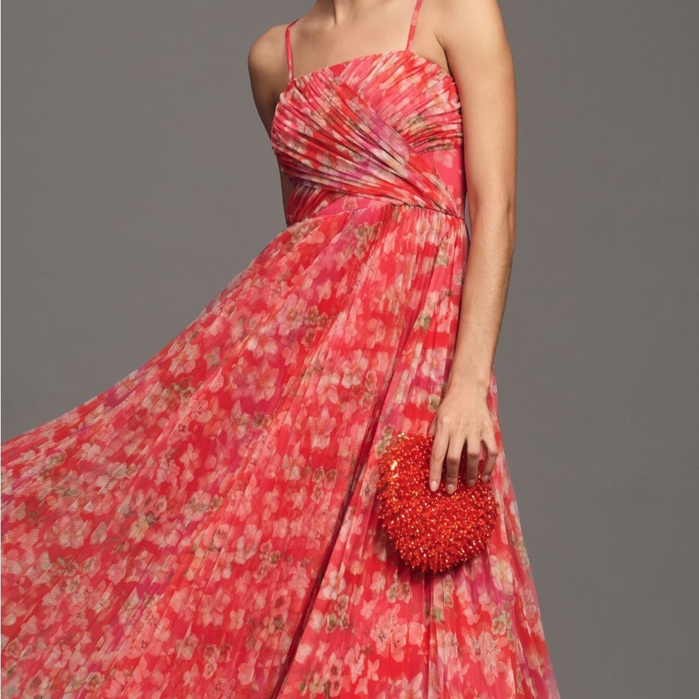 Hutch Floral Midi Dress in Coral Pink and Gold Accents